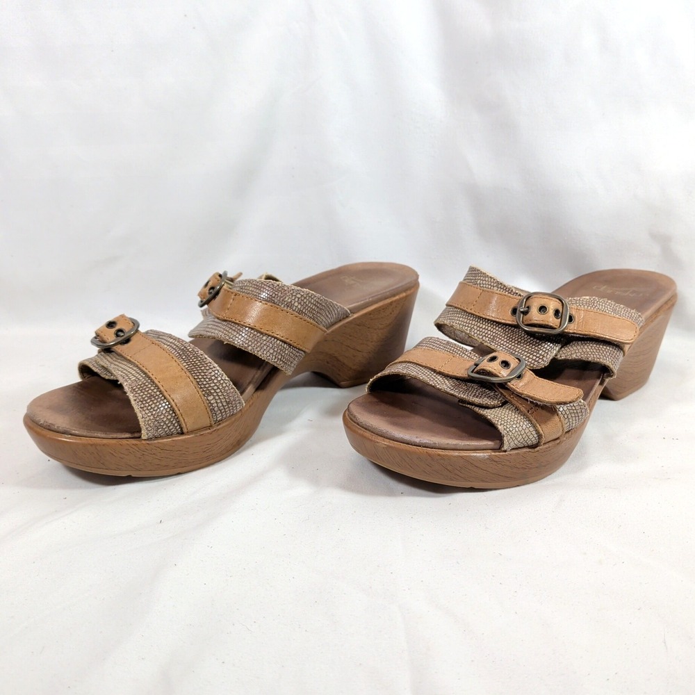 Dansko Brown Slide Sandals; Leather Buckle Straps Wood Grain Wedge 39